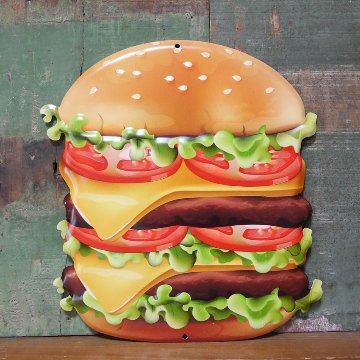 フードサイン ハンバーガー エンボスブリキ看板　ティンサイン　アメリカン雑貨の画像
