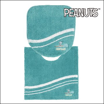 スヌーピー サーフ トイレ2点セット トイレマット+兼用フタカバー ターコイズブルー SNOOPY PEANUTS 普通便座＆温水洗浄・暖房便座兼用の画像