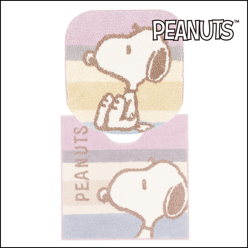 スヌーピー くすみパステル トイレ2点セット トイレマット+兼用フタカバー ピンク SNOOPY PEANUTS 普通便座＆温水洗浄・暖房便座兼用の画像