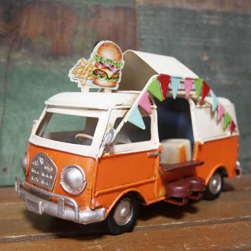 ノスタルジックデコ  ハンバーガーショップ キッチンカー ブリキのおもちゃ HAMBURGERS フードトラック ブリキ製自動車 アメリカン雑貨の画像