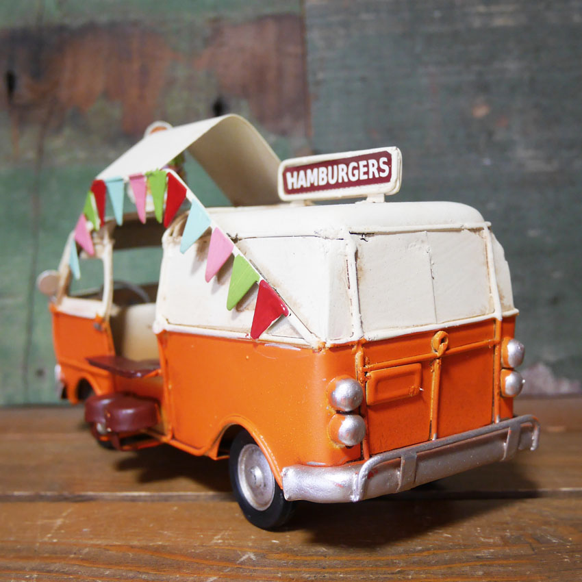 ノスタルジックデコ  ハンバーガーショップ キッチンカー ブリキのおもちゃ HAMBURGERS フードトラック ブリキ製自動車 アメリカン雑貨の画像