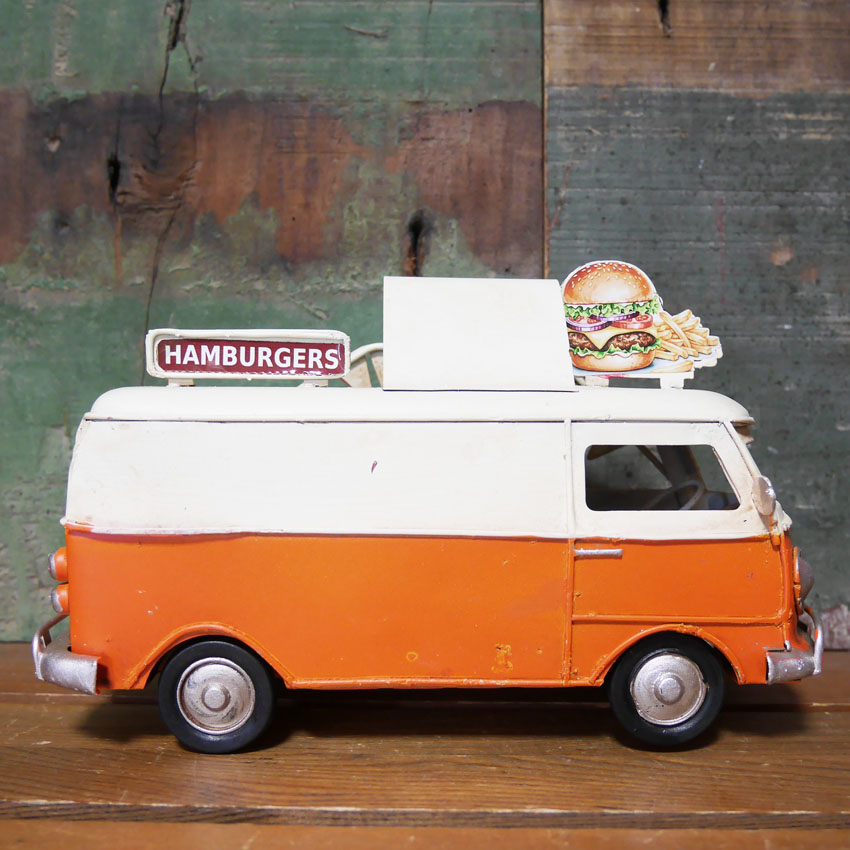 ノスタルジックデコ  ハンバーガーショップ キッチンカー ブリキのおもちゃ HAMBURGERS フードトラック ブリキ製自動車 アメリカン雑貨の画像