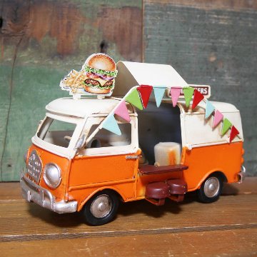 ノスタルジックデコ  ハンバーガーショップ キッチンカー ブリキのおもちゃ HAMBURGERS フードトラック ブリキ製自動車 アメリカン雑貨の画像