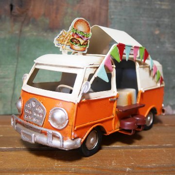 ノスタルジックデコ  ハンバーガーショップ キッチンカー ブリキのおもちゃ HAMBURGERS フードトラック ブリキ製自動車 アメリカン雑貨の画像