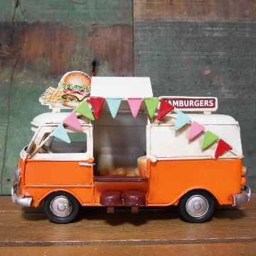 ノスタルジックデコ  ハンバーガーショップ キッチンカー ブリキのおもちゃ HAMBURGERS フードトラック ブリキ製自動車 アメリカン雑貨の画像