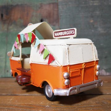 ノスタルジックデコ  ハンバーガーショップ キッチンカー ブリキのおもちゃ HAMBURGERS フードトラック ブリキ製自動車 アメリカン雑貨の画像