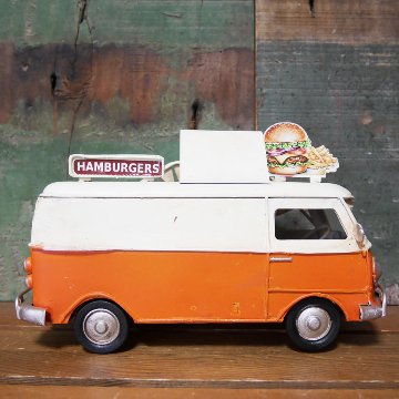 ノスタルジックデコ  ハンバーガーショップ キッチンカー ブリキのおもちゃ HAMBURGERS フードトラック ブリキ製自動車 アメリカン雑貨の画像