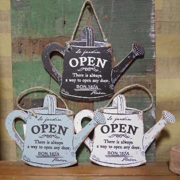 ハンギングプレート  ジョーロ OPEN CLOSE  ウッドサイン インテリア 木製看板 アンティーク サインプレートの画像