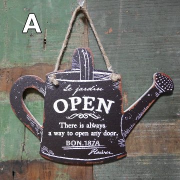 ハンギングプレート  ジョーロ OPEN CLOSE  ウッドサイン インテリア 木製看板 アンティーク サインプレートの画像