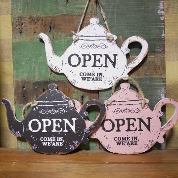 ハンギングプレート  ティーポット OPEN CLOSE  ウッドサイン インテリア 木製看板 アンティーク サインプレートの画像