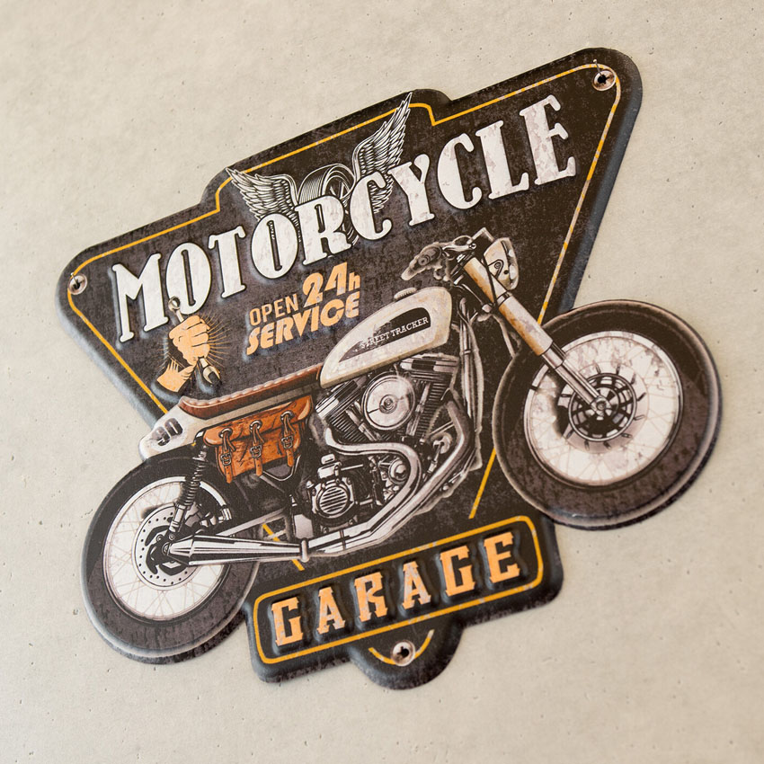 オートバイ アメリカンクラシック エンボスティンプレート MOTORCYCLE GARAGE インテリア ダイカット バイク ブリキ看板 アメリカン雑貨の画像