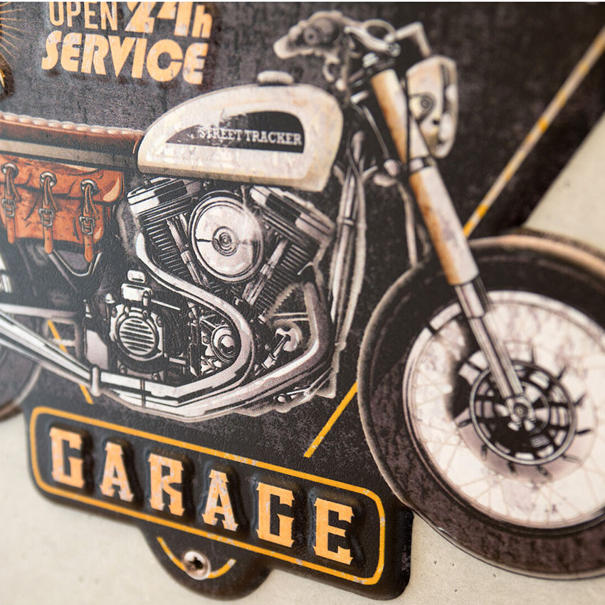 オートバイ アメリカンクラシック エンボスティンプレート MOTORCYCLE GARAGE インテリア ダイカット バイク ブリキ看板 アメリカン雑貨の画像