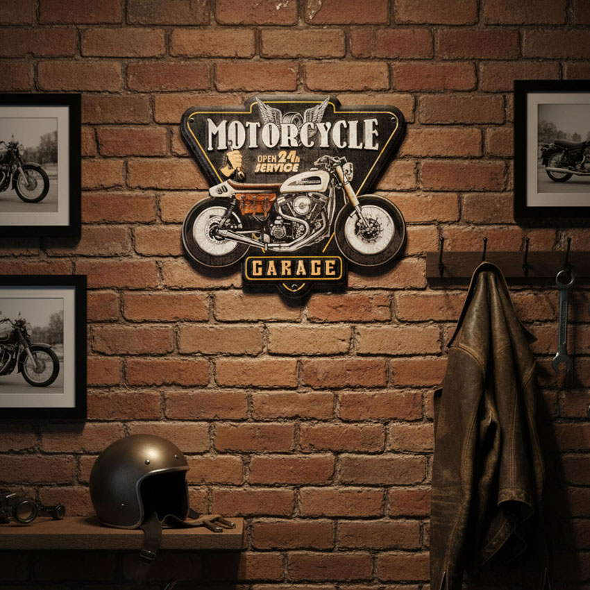 オートバイ アメリカンクラシック エンボスティンプレート MOTORCYCLE GARAGE インテリア ダイカット バイク ブリキ看板 アメリカン雑貨の画像
