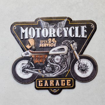 オートバイ アメリカンクラシック エンボスティンプレート MOTORCYCLE GARAGE インテリア ダイカット バイク ブリキ看板 アメリカン雑貨の画像