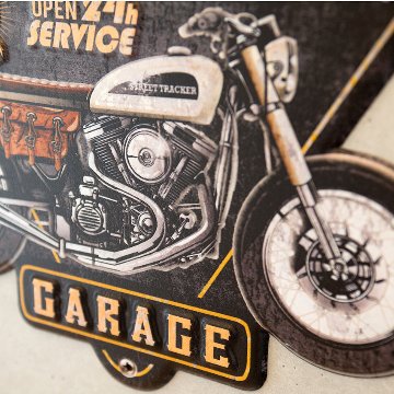 オートバイ アメリカンクラシック エンボスティンプレート MOTORCYCLE GARAGE インテリア ダイカット バイク ブリキ看板 アメリカン雑貨の画像