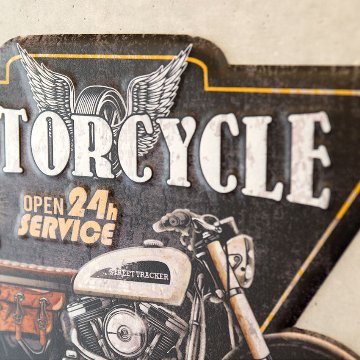 オートバイ アメリカンクラシック エンボスティンプレート MOTORCYCLE GARAGE インテリア ダイカット バイク ブリキ看板 アメリカン雑貨の画像