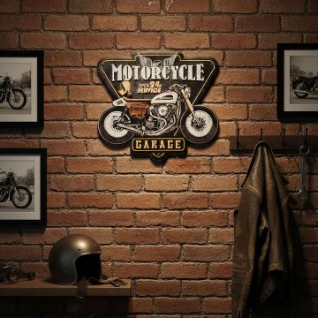 オートバイ アメリカンクラシック エンボスティンプレート MOTORCYCLE GARAGE インテリア ダイカット バイク ブリキ看板 アメリカン雑貨の画像