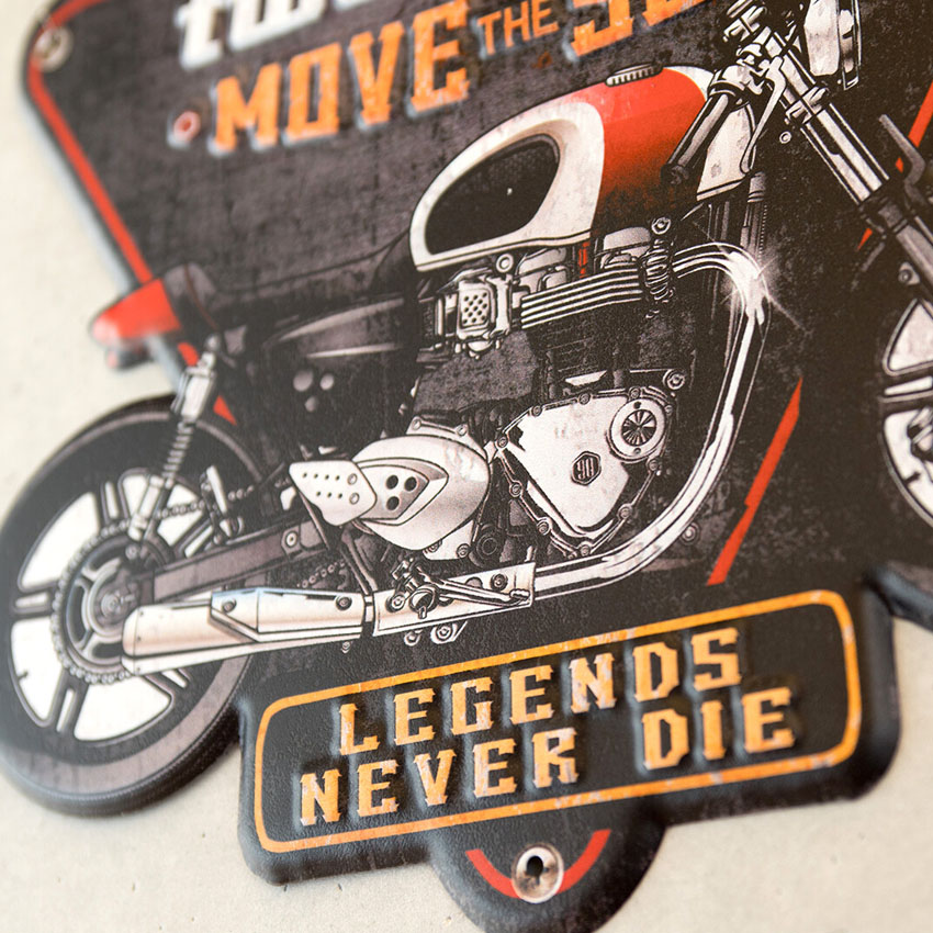 オートバイ アメリカンクラシック エンボスティンプレートLEGENDS NEVER DIE インテリア ダイカット バイク ブリキ看板 アメリカン雑貨の画像