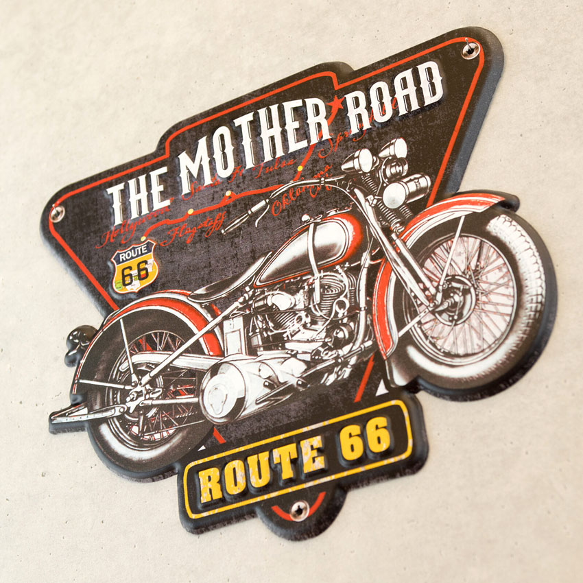 オートバイ アメリカンクラシック エンボスティンプレートTHE MOTHER ROAD ROUTE66インテリア ダイカット バイク ブリキ看板 アメリカン雑貨の画像