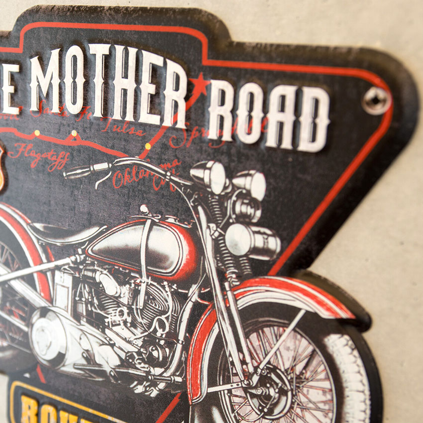 オートバイ アメリカンクラシック エンボスティンプレートTHE MOTHER ROAD ROUTE66インテリア ダイカット バイク ブリキ看板 アメリカン雑貨の画像