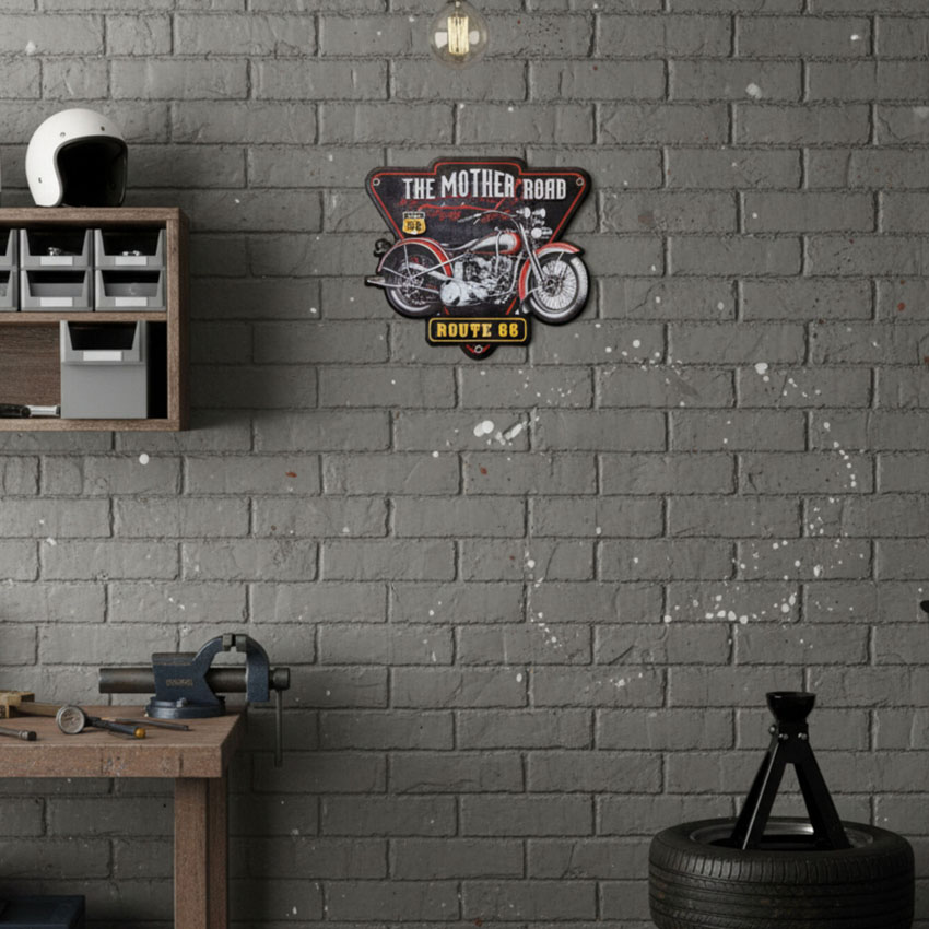 オートバイ アメリカンクラシック エンボスティンプレートTHE MOTHER ROAD ROUTE66インテリア ダイカット バイク ブリキ看板 アメリカン雑貨の画像