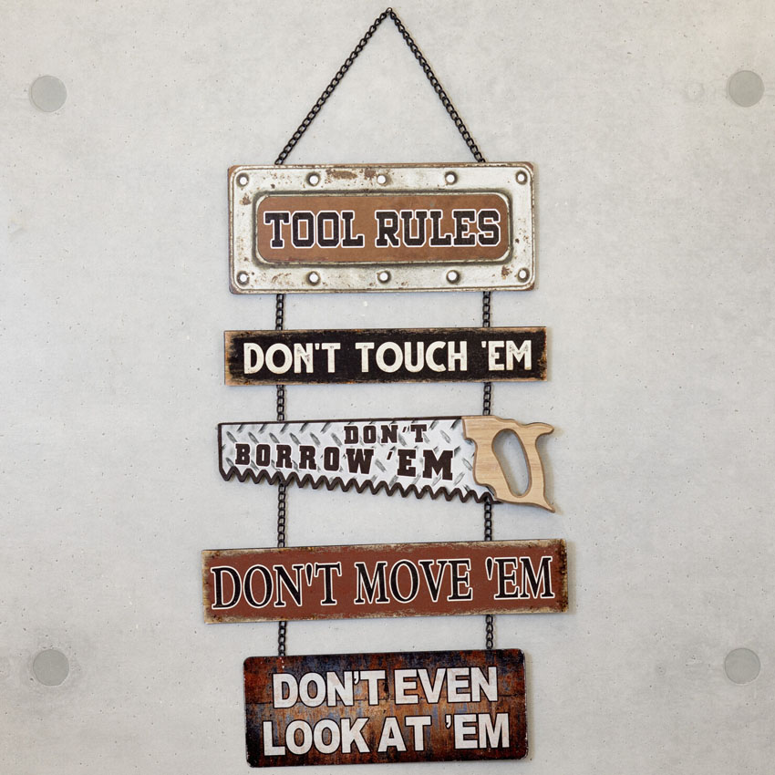 アメリカンクラシック ハンギングティンプレート TOOL RULES ガレージインテリア ダイカット ブリキ看板 アメリカン雑貨の画像