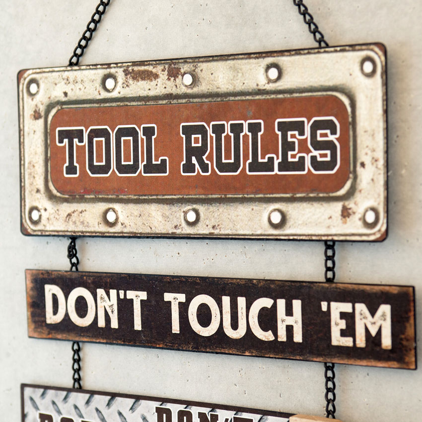 アメリカンクラシック ハンギングティンプレート TOOL RULES ガレージインテリア ダイカット ブリキ看板 アメリカン雑貨の画像
