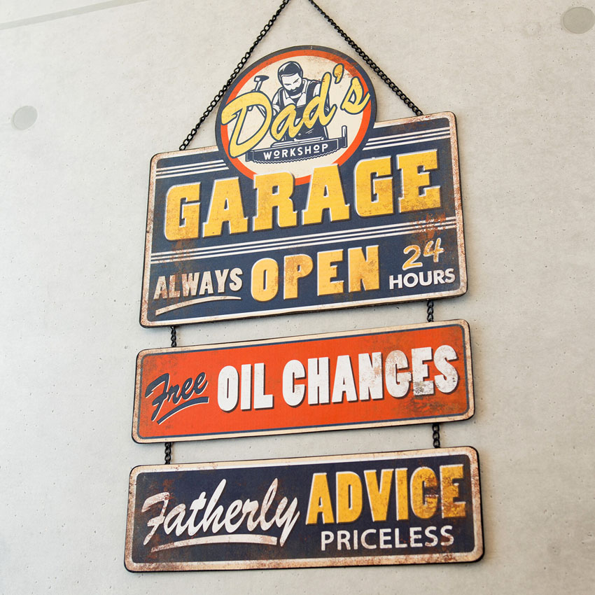 アメリカンクラシック ハンギングティンプレート Dad's GARAGE ガレージ インテリア ダイカット ブリキ看板 アメリカン雑貨の画像