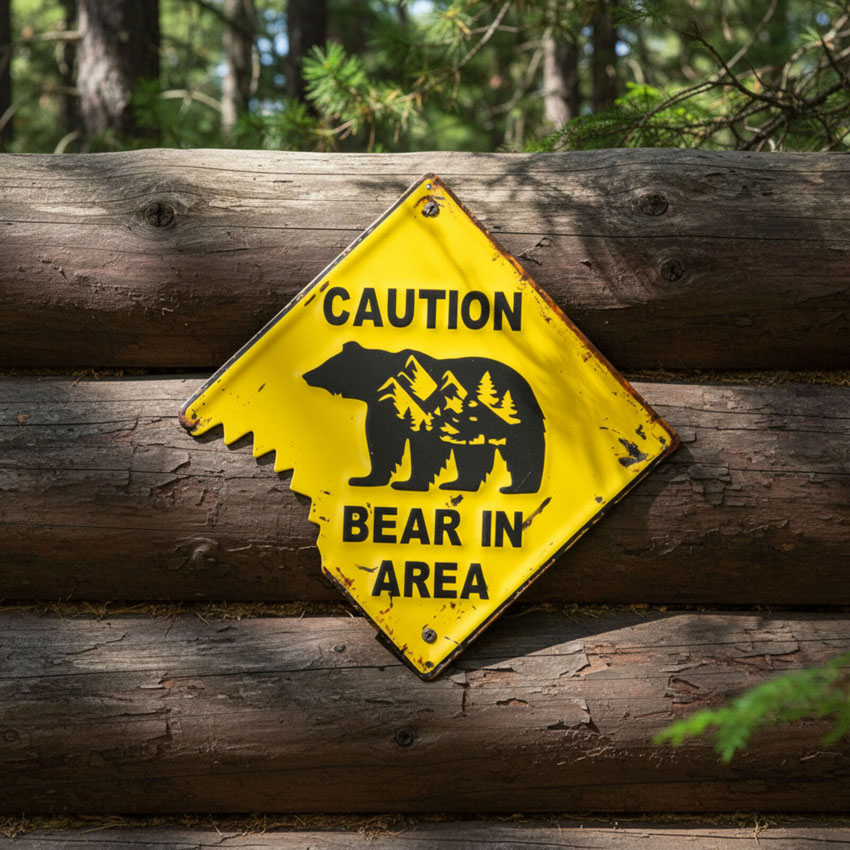 CAUTION BEAR IN AREA アメリカンクラシック エンボスティンプレート クマ 熊 ブリキ看板 インテリア 注意看板の画像