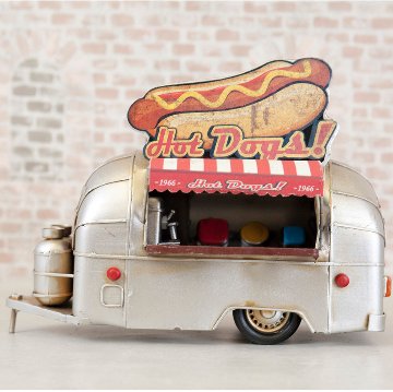 ヴィンテージカー ホットドッグ トレーラー ブリキのおもちゃ Hotdog フードトラック ブリキ製自動車 アメリカン雑貨の画像