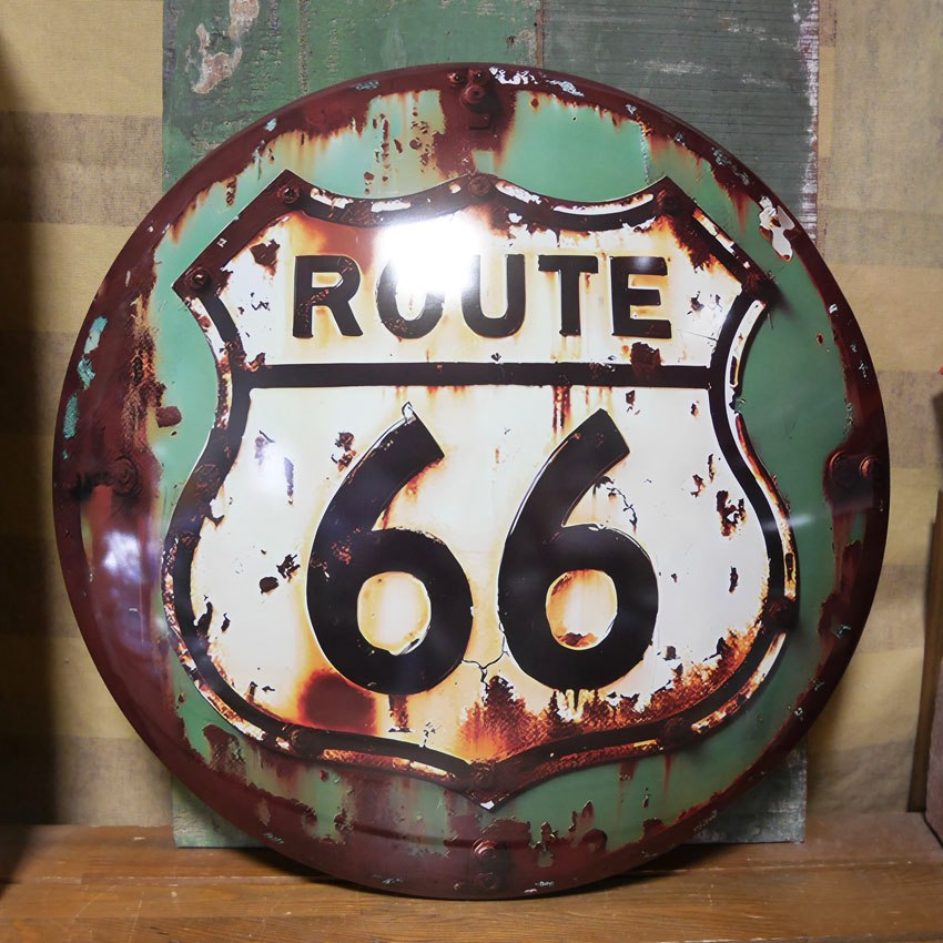 ルート66 ドームサイン ダメージ ROUTE66 インテリア ドーム型 ブリキ看板 アメリカン雑貨の画像