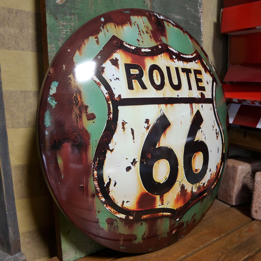 ルート66 ドームサイン ダメージ ROUTE66 インテリア ドーム型 ブリキ看板 アメリカン雑貨の画像