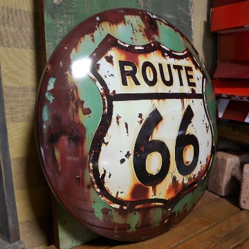 ルート66 ドームサイン ダメージ ROUTE66 インテリア ドーム型 ブリキ看板 アメリカン雑貨の画像