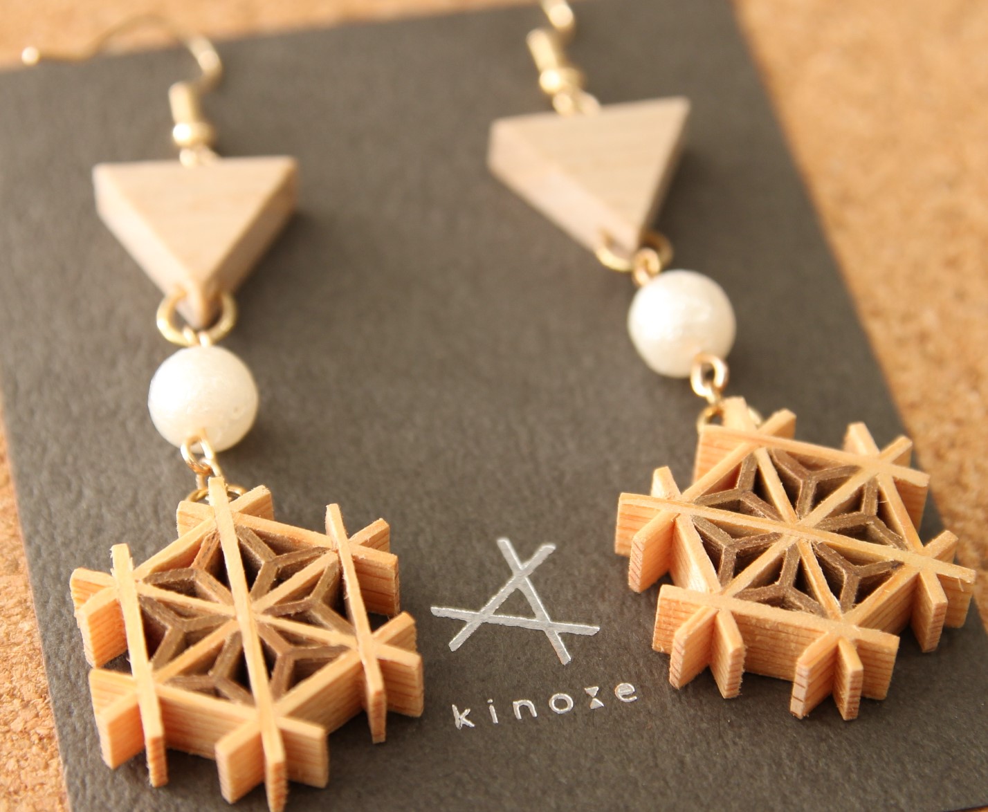 【Kinoel】三角と小さな組子　コットンパールピアスA画像