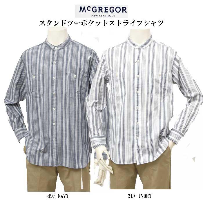 McGREGOR　マクレガー メンズ　長袖シャツ　111174103　バンドカラーストライプシャツ　スタンドカラー　シャンブレー風素材の画像
