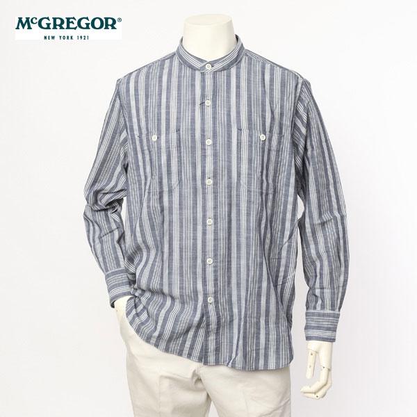 McGREGOR　マクレガー メンズ　長袖シャツ　111174103　バンドカラーストライプシャツ　スタンドカラー　シャンブレー風素材画像