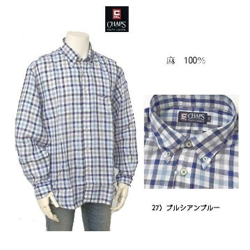 Ralph Lauren Chaps 春夏シーズン向き  リネン麻　ボタンダウンチェックシャツ  27）ブルシアンブルー  1514-3944 麻　100％ サイズ＝2Lの画像