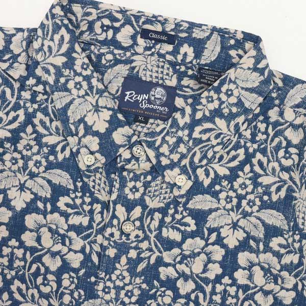 reynspooner レインスプーナー　125-6170  CAHU HARVEST　BF 0005）NAVY 前開　ボタンフロント 　前開　半袖　アロハシャツ　ハワイ　の画像