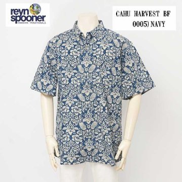 reynspooner レインスプーナー　125-6170  CAHU HARVEST　BF 0005）NAVY 前開　ボタンフロント 　前開　半袖　アロハシャツ　ハワイ　の画像