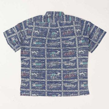 reynspooner レインスプーナー　125-6170  CAHU HARVEST　BF 0005）NAVY 前開　ボタンフロント 　前開　半袖　アロハシャツ　ハワイ　の画像