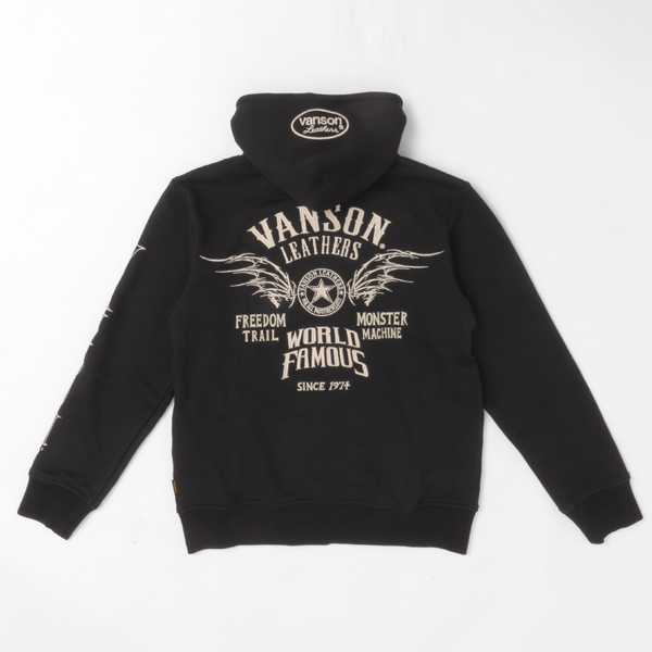 VANSON バンソン 裏起毛 ジップパーカー フーディー コットン100％ 刺繍 バイカー アメカジ ストリートブラックの画像
