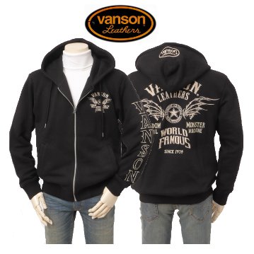 VANSON バンソン 裏起毛 ジップパーカー フーディー コットン100％ 刺繍 バイカー アメカジ ストリートブラックの画像