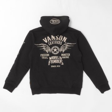 VANSON バンソン 裏起毛 ジップパーカー フーディー コットン100％ 刺繍 バイカー アメカジ ストリートブラックの画像