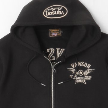VANSON バンソン 裏起毛 ジップパーカー フーディー コットン100％ 刺繍 バイカー アメカジ ストリートブラックの画像