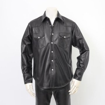 ラングラー Ｗrangler 27MW Leather Western Shirt  WM0027-775）Black　 表地　羊革 LEATHERの画像