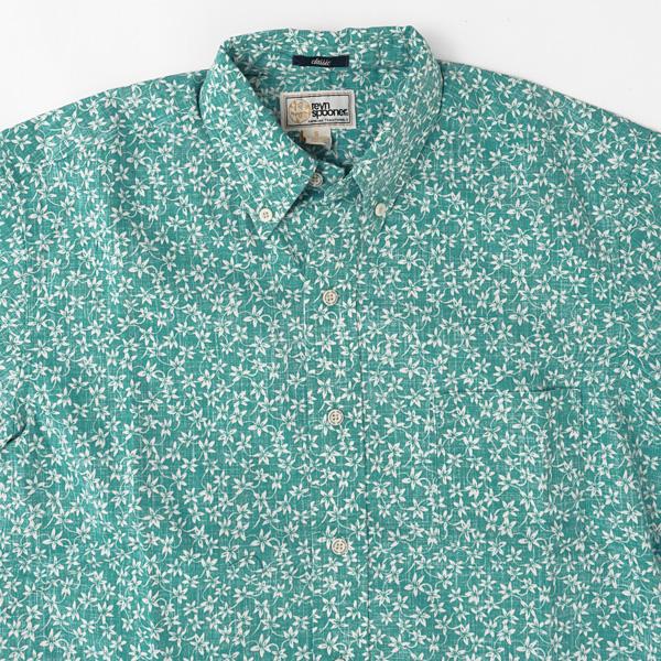 reynspooner 　レインスプーナー　KIKO BLOOMES 0125-5035　89）TEAL BLUE　フルオープンシャツ、　前開き　CLASSIC FIT SHIRT 半袖アロハシャツの画像