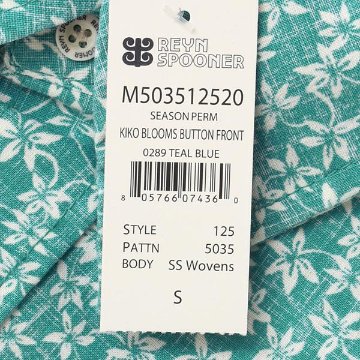 reynspooner 　レインスプーナー　KIKO BLOOMES 0125-5035　89）TEAL BLUE　フルオープンシャツ、　前開き　CLASSIC FIT SHIRT 半袖アロハシャツの画像
