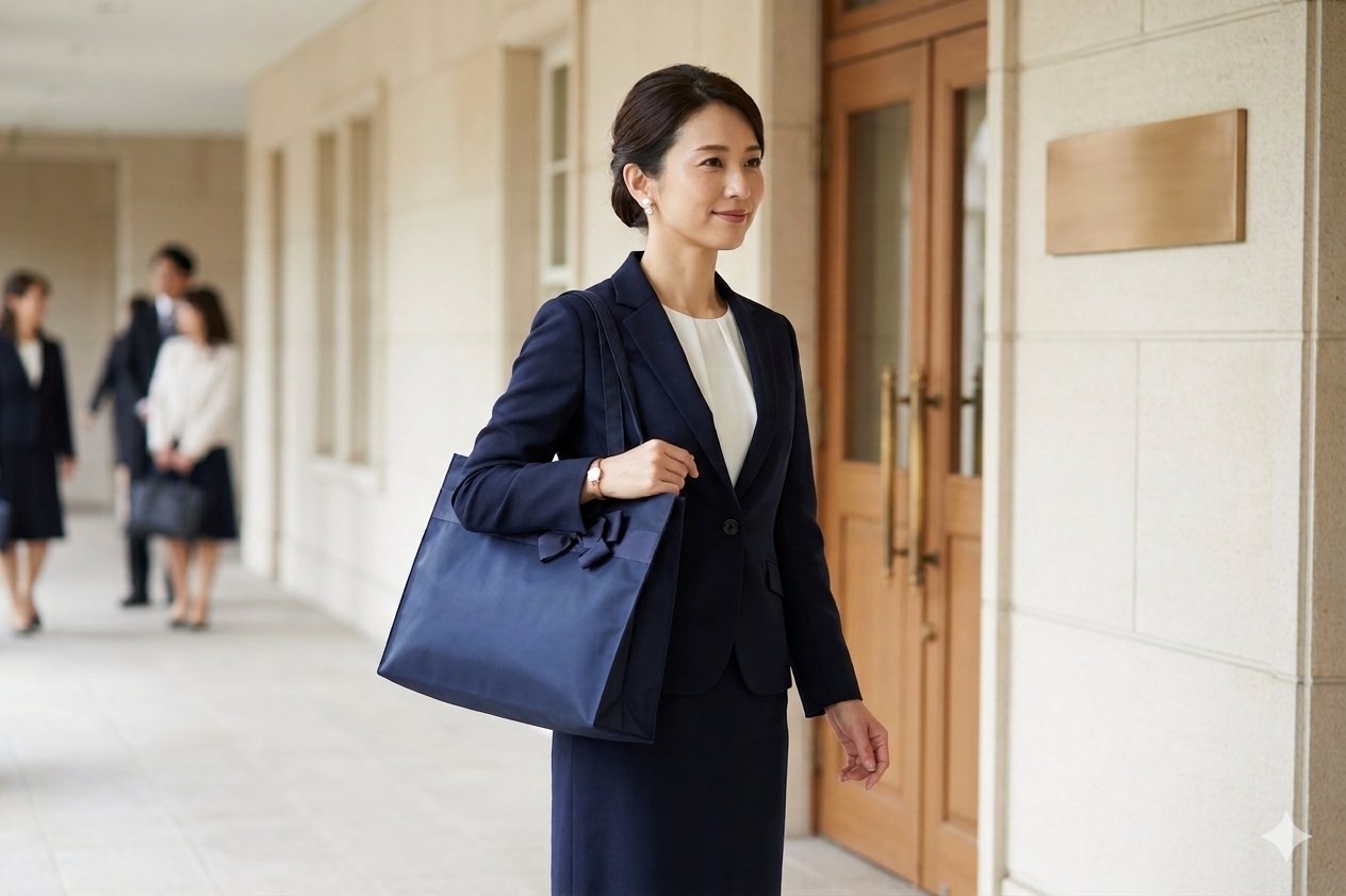 【お受験バッグ】 横型トートバッグ(リボンブローチ付き)｜紺無地｜自立型｜B4サイズ｜の画像