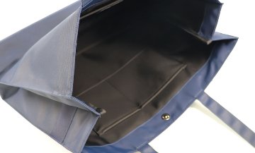 【お受験バッグ】 横型トートバッグ(リボンブローチ付き)｜紺無地｜自立型｜B4サイズ｜の画像