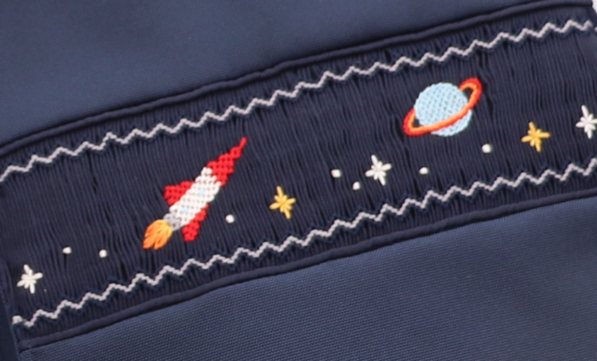 【訳アリ品20％OFF】自立型スモッキング刺繍入りシューズバッグ｜宇宙｜2本持ち手付きの画像